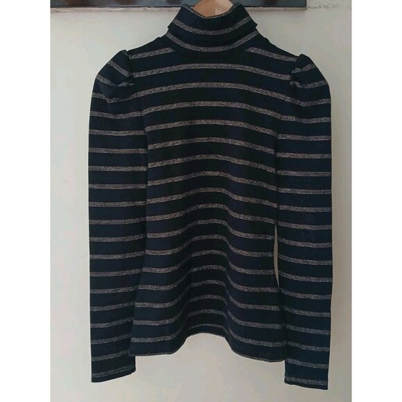 Veronica Beard Cedar Puff Sleeve Turtleneck Top Size Small Black Metallic Stripe - Picture 1 of 11